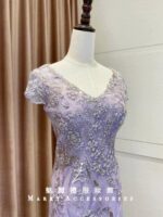 薰衣草紫V領珠工A字媽媽禮服