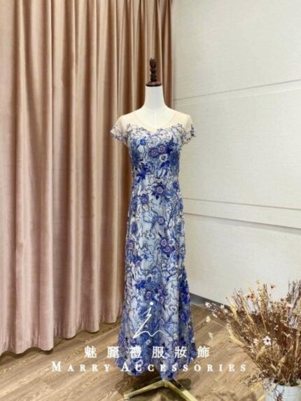 藍色小A字珠工青花瓷媽媽禮服