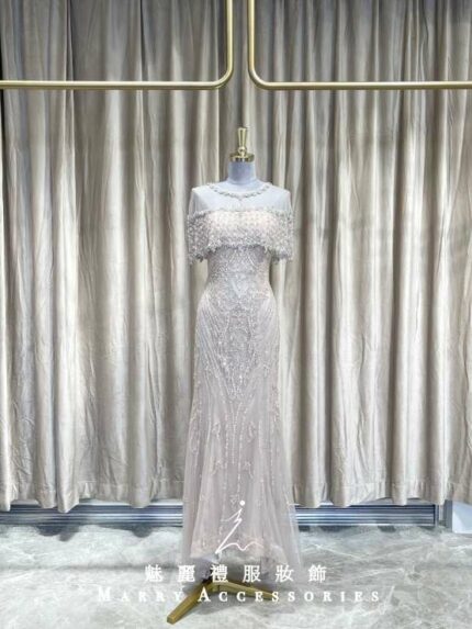 香檳金斗篷滿鑽魚尾媽媽禮服