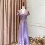 紫色V領珠工緞面A字媽媽禮服