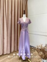 紫色V領珠工緞面A字媽媽禮服