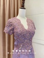 紫色V領珠工緞面A字媽媽禮服