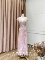 粉色魚尾珠工刺繡媽媽禮服