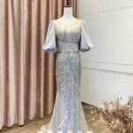 銀色泡泡袖亮片魚尾媽媽禮服