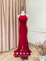 紅色絨布肩鏈魚尾媽媽禮服