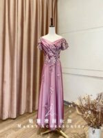 粉紫蕾絲繡花V領小包袖台中媽媽禮服