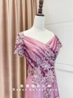 粉紫蕾絲繡花V領小包袖台中媽媽禮服