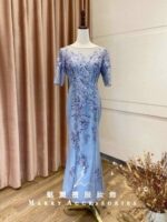 藍色刺繡亮片長袖魚尾台中媽媽禮服