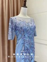 藍色刺繡亮片長袖魚尾台中媽媽禮服