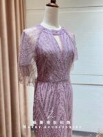 紫羅蘭蝴蝶袖排鑽挖空魚尾媽媽禮服