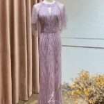 紫羅蘭蝴蝶袖排鑽挖空魚尾媽媽禮服