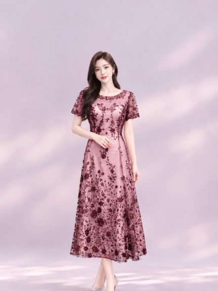 紫色透膚U領古典繡花媽媽禮服