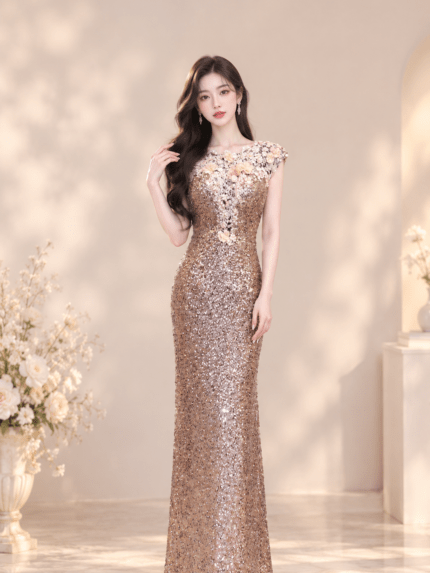 金色亮片復古立體花媽媽禮服