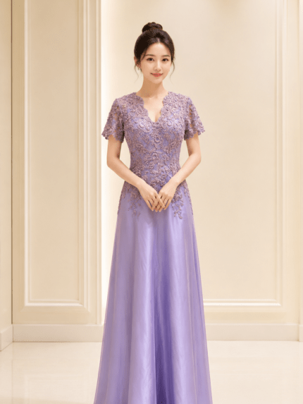 紫色V領珠工緞面A字媽媽禮服