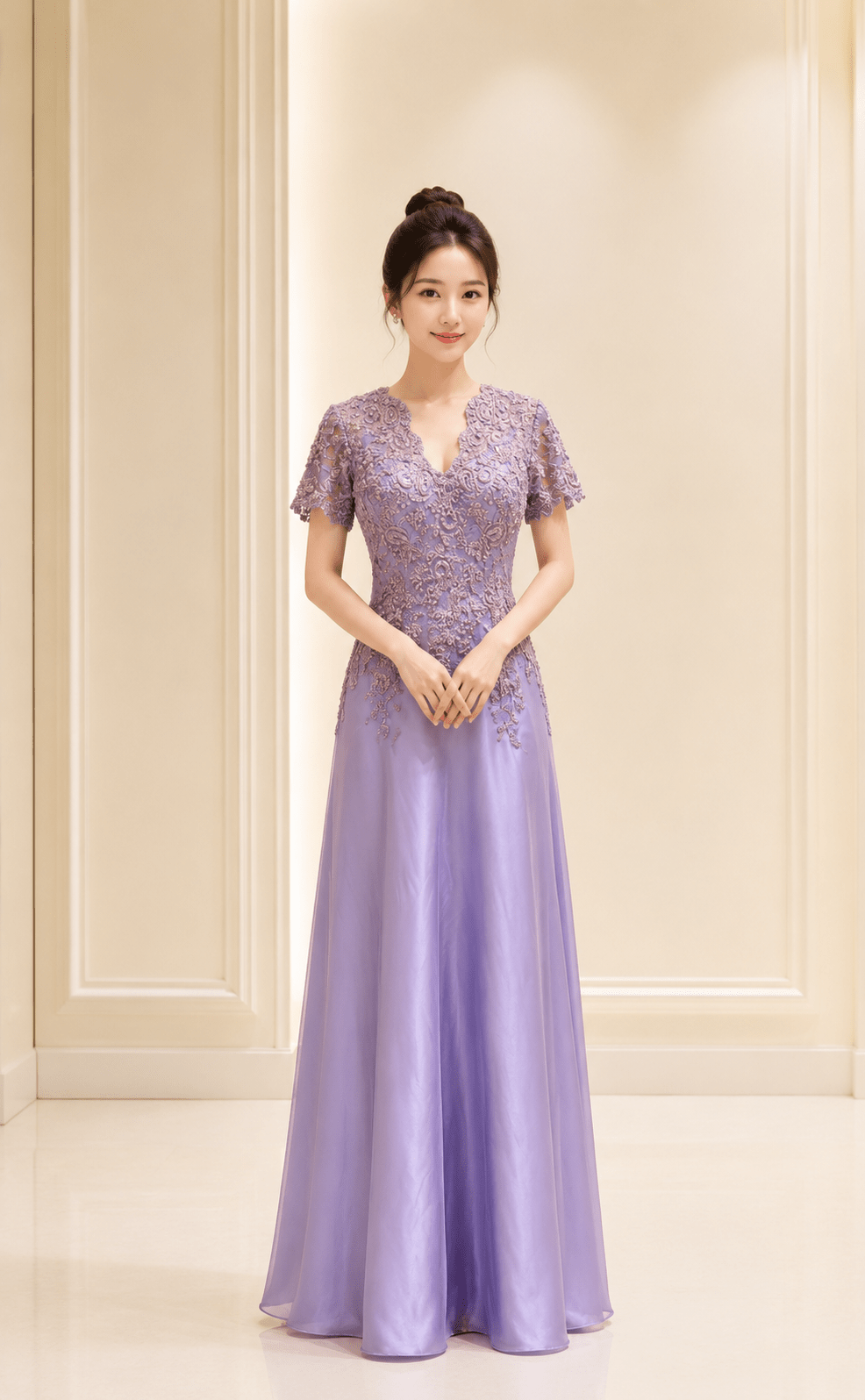 紫色V領珠工緞面A字媽媽禮服 紫色V領珠工緞面A字媽媽禮服