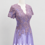 紫色V領珠工緞面A字媽媽禮服