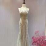 灰米色削肩A字裙媽媽禮服