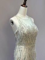 灰米色削肩A字裙媽媽禮服