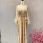 金色長袖羽毛縫珠媽媽禮服