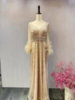 金色長袖羽毛縫珠媽媽禮服