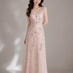粉色V領袖花縫珠背心短媽媽禮服