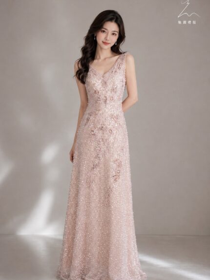 粉色V領袖花縫珠背心短媽媽禮服