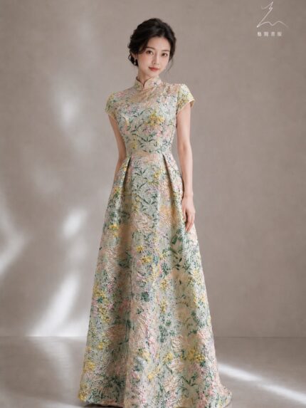 粉色花布旗袍領澎裙媽媽禮服