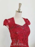 酒紅古典繡花小包袖媽媽禮服