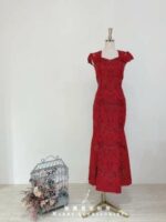 酒紅古典繡花小包袖媽媽禮服