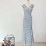 藍灰V領刺繡魚尾媽媽禮服