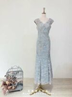 藍灰V領刺繡魚尾媽媽禮服