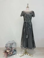 粉色韓國緞面立體刺繡媽媽禮服