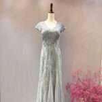 藍綠色V領短袖魚尾裙擺飄紗媽媽禮服