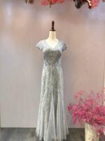 藍綠色V領短袖魚尾裙擺飄紗媽媽禮服