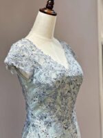 藍綠色V領短袖魚尾裙擺飄紗媽媽禮服