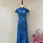 寶藍蕾絲旗袍魚尾媽媽禮服