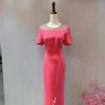 桃紅色領口鑲鑽包袖媽媽禮服