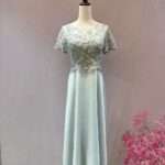 藍銀色縫珠短袖下身雪紡媽媽禮服
