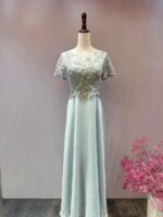 藍銀色縫珠短袖下身雪紡媽媽禮服