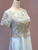 藍銀色縫珠短袖下身雪紡媽媽禮服