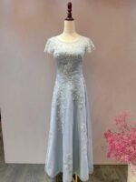 水藍繡花蕾絲紗裙小包袖媽媽禮服