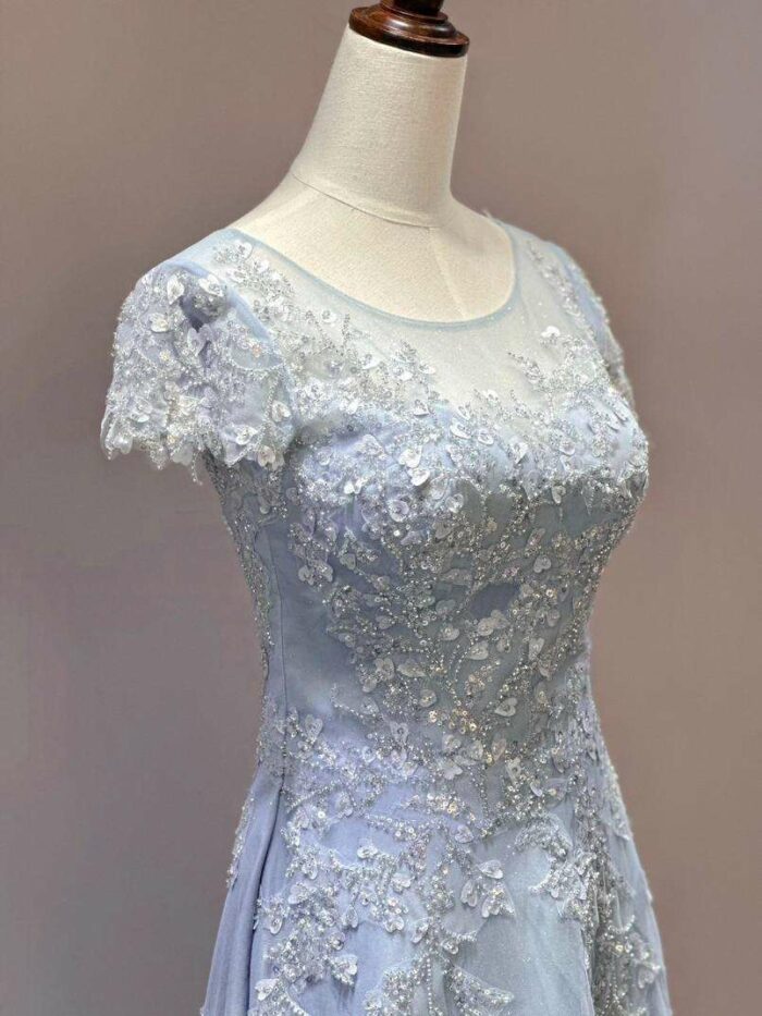 水藍繡花蕾絲紗裙小包袖媽媽禮服