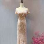 粉橘色蕾絲胸前裸紗媽媽禮服