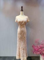 粉橘色蕾絲胸前裸紗媽媽禮服