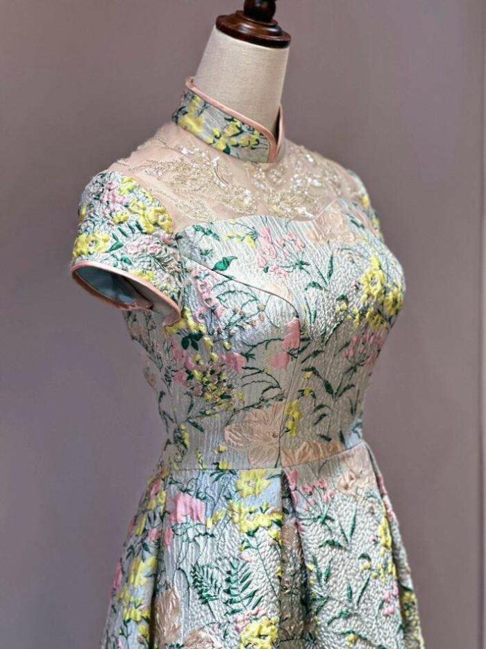 粉色花布旗袍領澎裙媽媽禮服