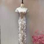 薰衣草紫旗袍刺繡媽媽禮服