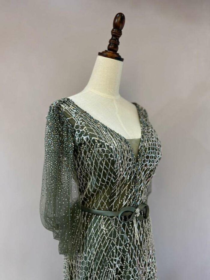 橄欖綠水袖披肩媽媽禮服