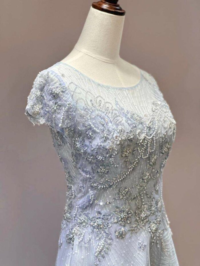 水藍排鑽蕾絲領紗裙媽媽禮服