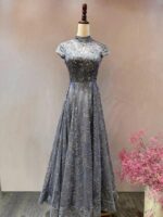 藍灰色高領綁繩刺繡媽媽禮服