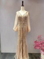 金色開衩滿鑽披肩媽媽禮服